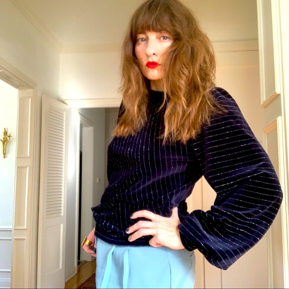 GANNI Blue Velvet Lurex Diagonal Sparkle Stripe Top S